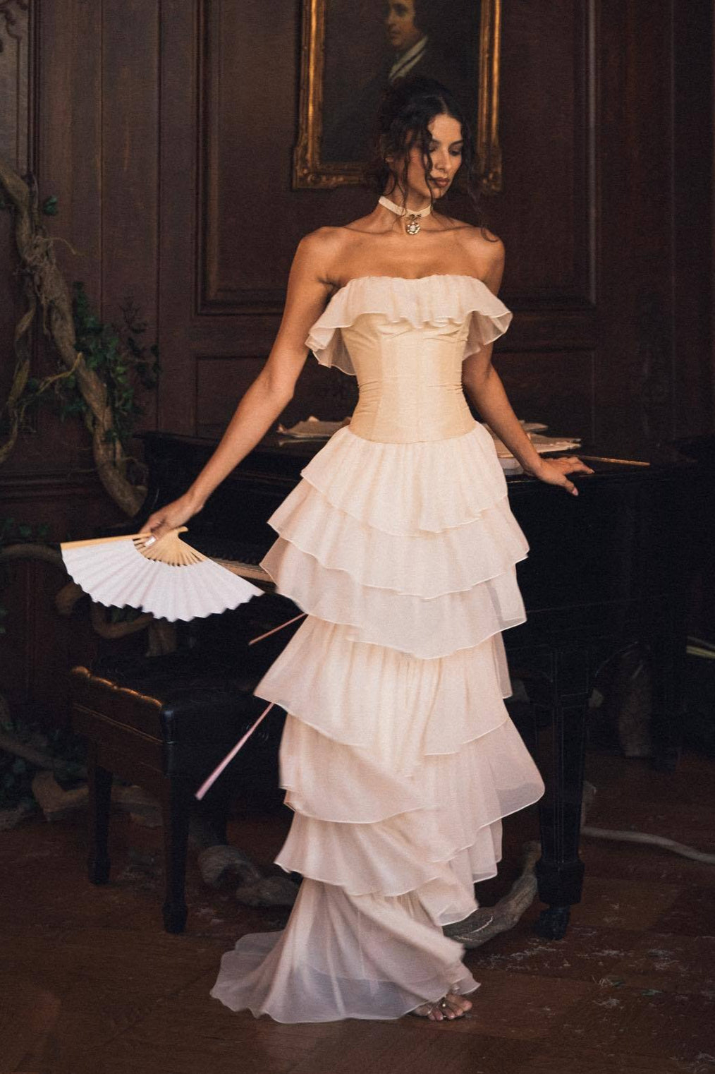 Chiffon Strapless Ruffle Corset Tiered Maxi Prom Dress