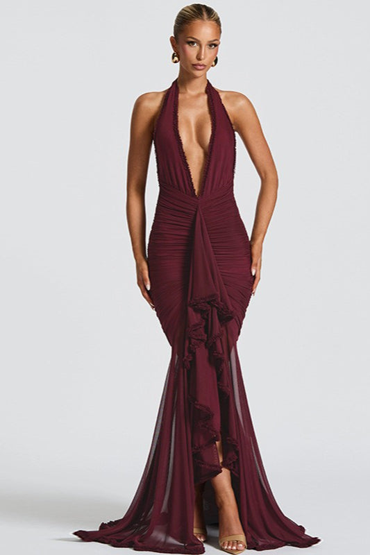Halter Neck Deep V-Neck Ruched Ruffle Mermaid Maxi Gown
