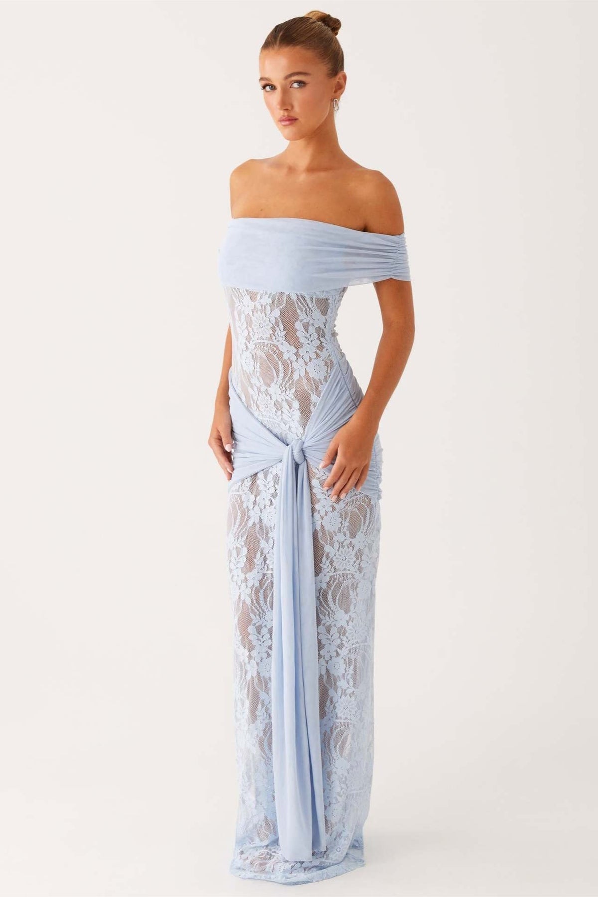 Off Shoulder Sheer Lace Draped Mesh Knot Waist Maxi Dress 3