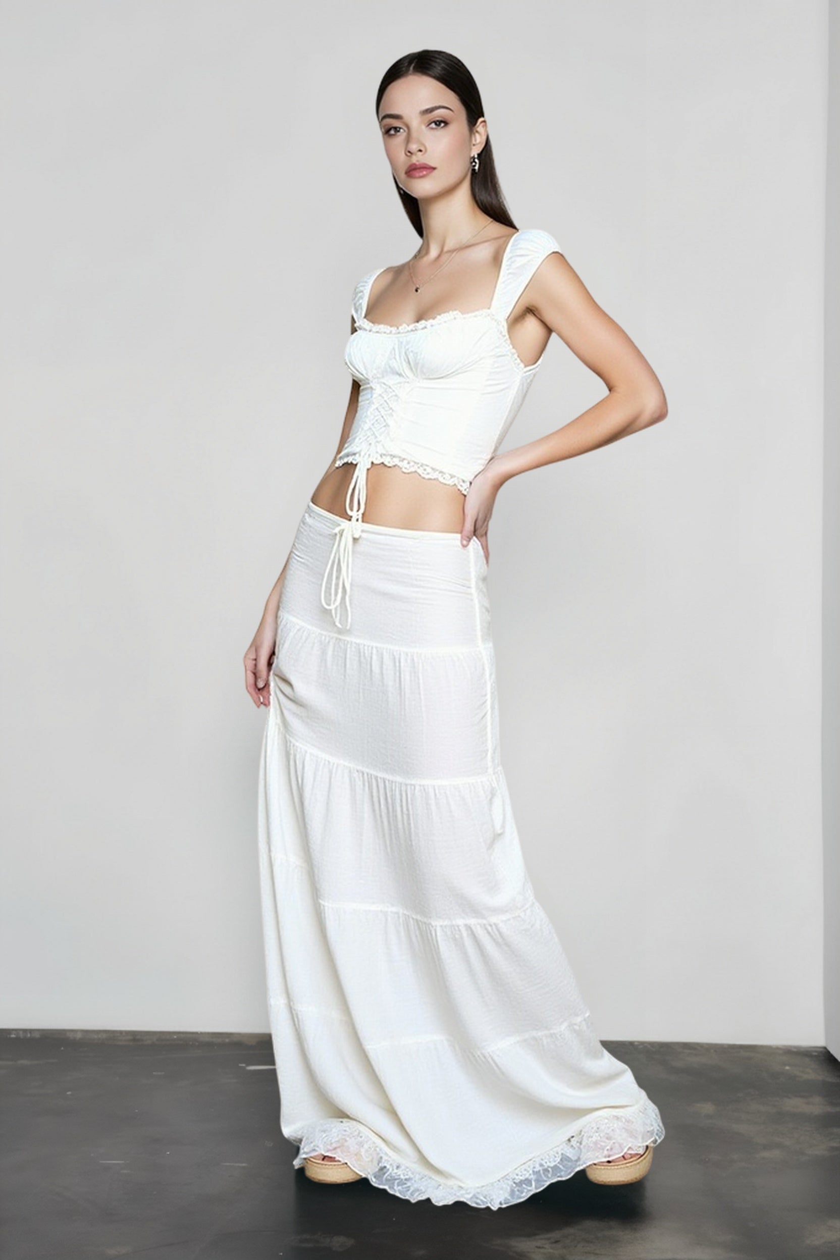 Square Neck Lace Trim Vacation Set