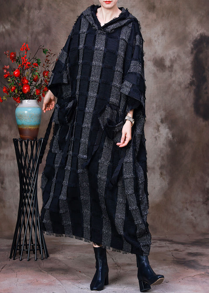 Hooded Patchwork Frayed Edge Pocket Drop Shoulder Long Sleeve Maxi Dress