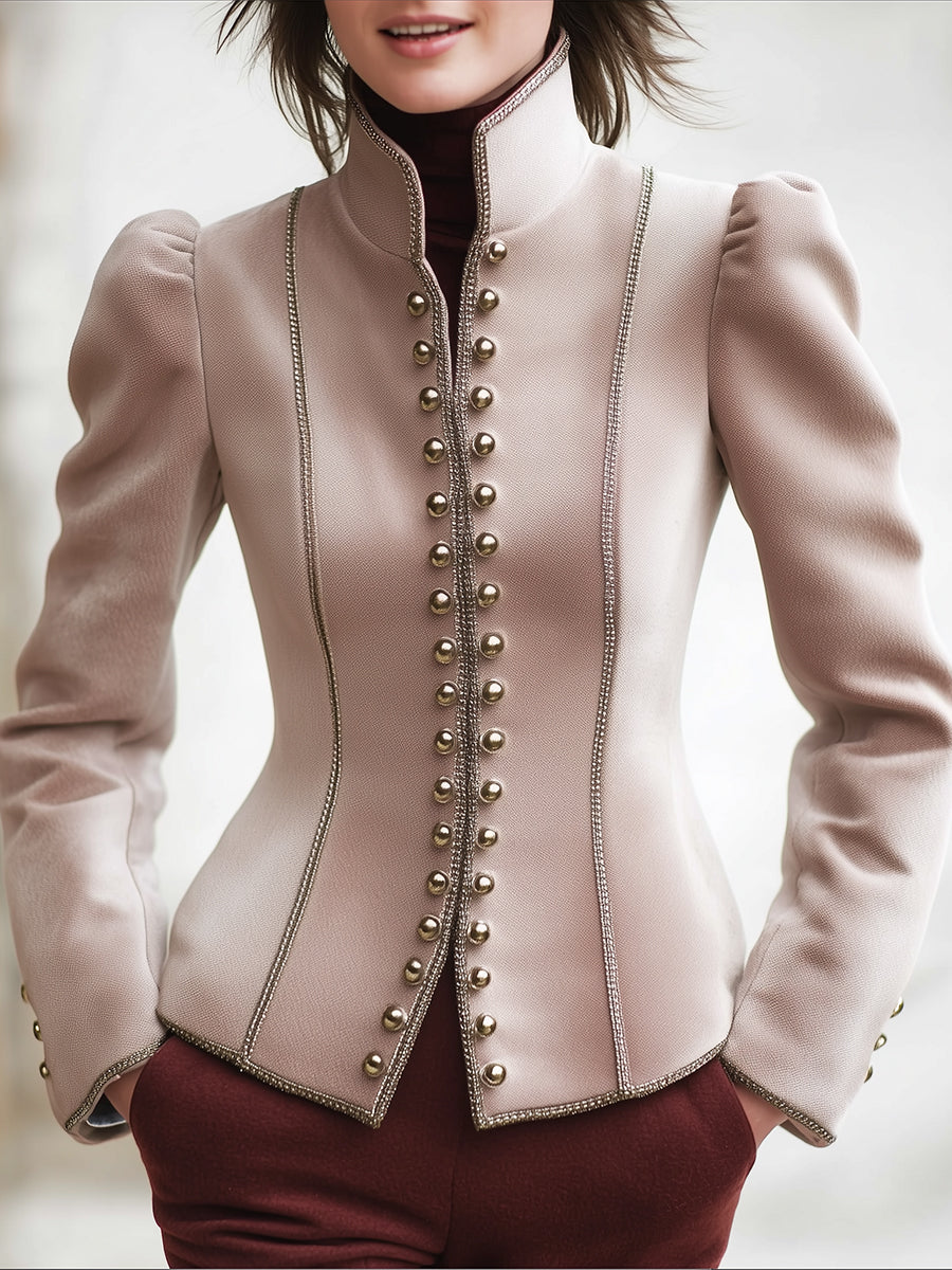 Elegant Vintage Silver Thread Edged Puff Sleeve Woolen Jacket