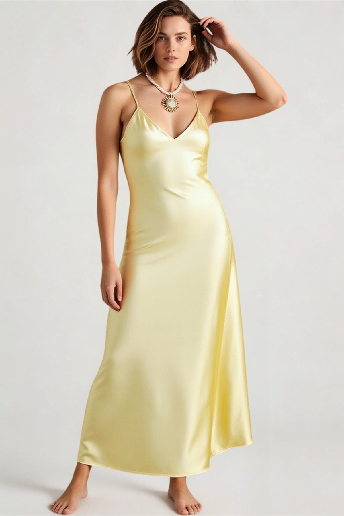 Satin V-Neck Spaghetti Strap Bias Cut Slip Maxi Dress 3