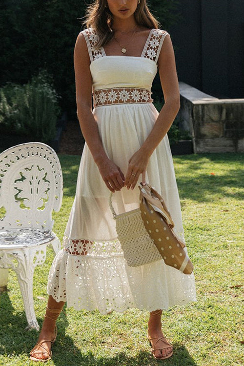 Square Neck Sleeveless Eyelet Lace Crochet Waist Pleated Tiered Ruffle Hem Midi Dress
