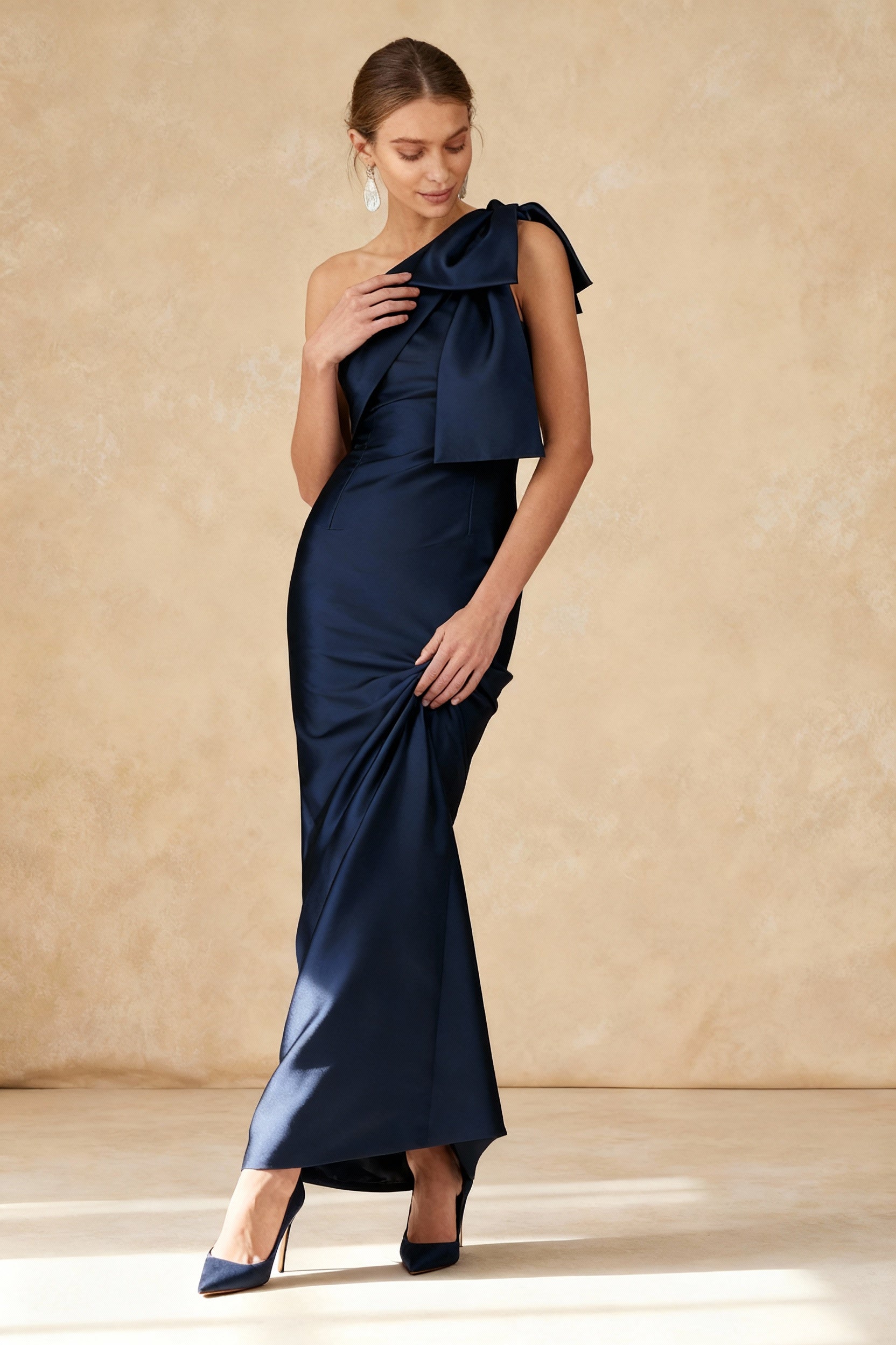 Satin One Shoulder Bow Mermaid Gown