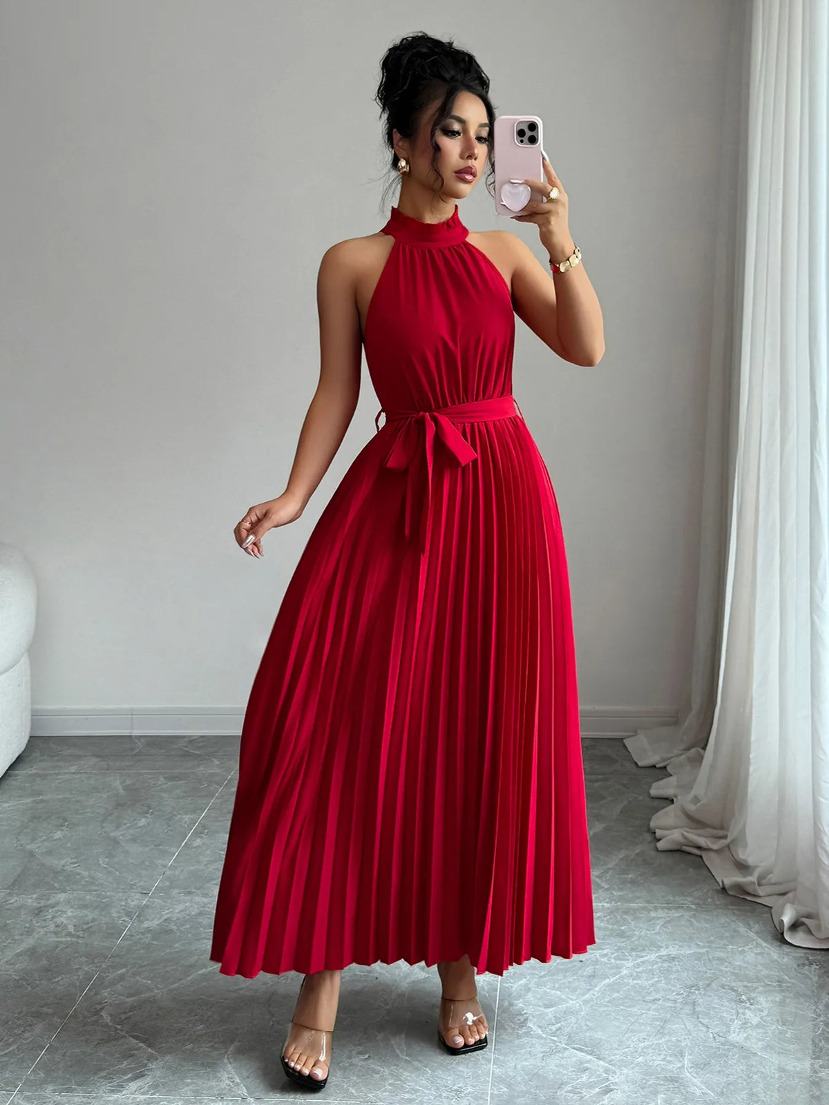 Pleated Halter Neck Tie Waist Maxi Dress