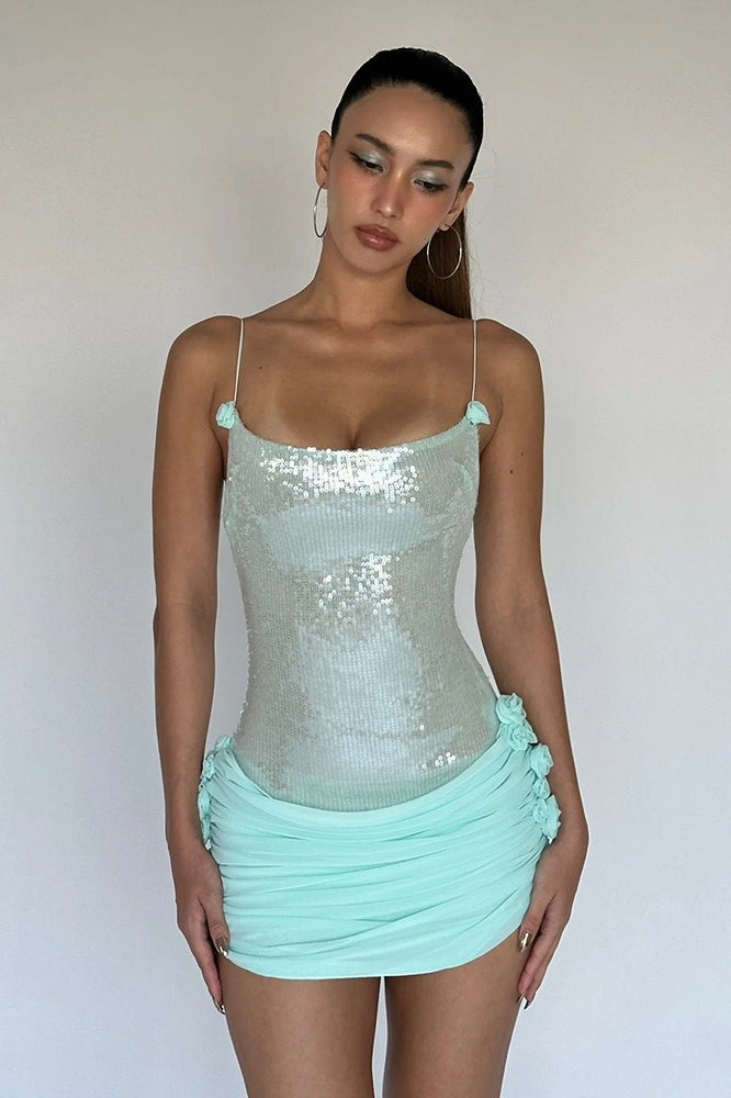 Sequin Scoop Neck Ruched Rosette Bodycon Mini Dress