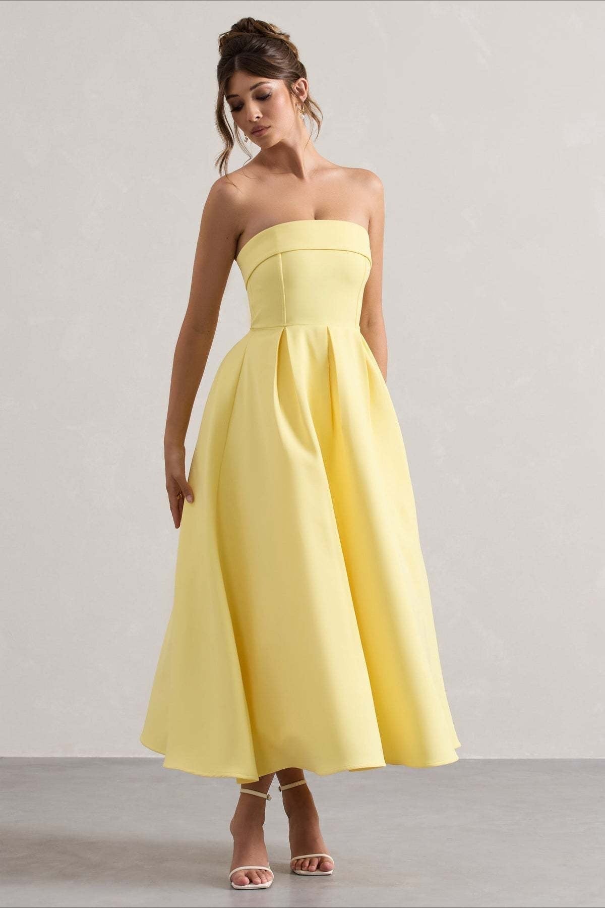 Strapless Fold Over Neck Box Pleat A-Line Midi Cocktail Dress