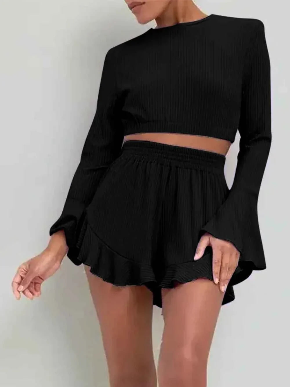 Ribbed Round Neck Bell Sleeve Crop Top and Ruffle Hem Shorts Two Piece Set 8