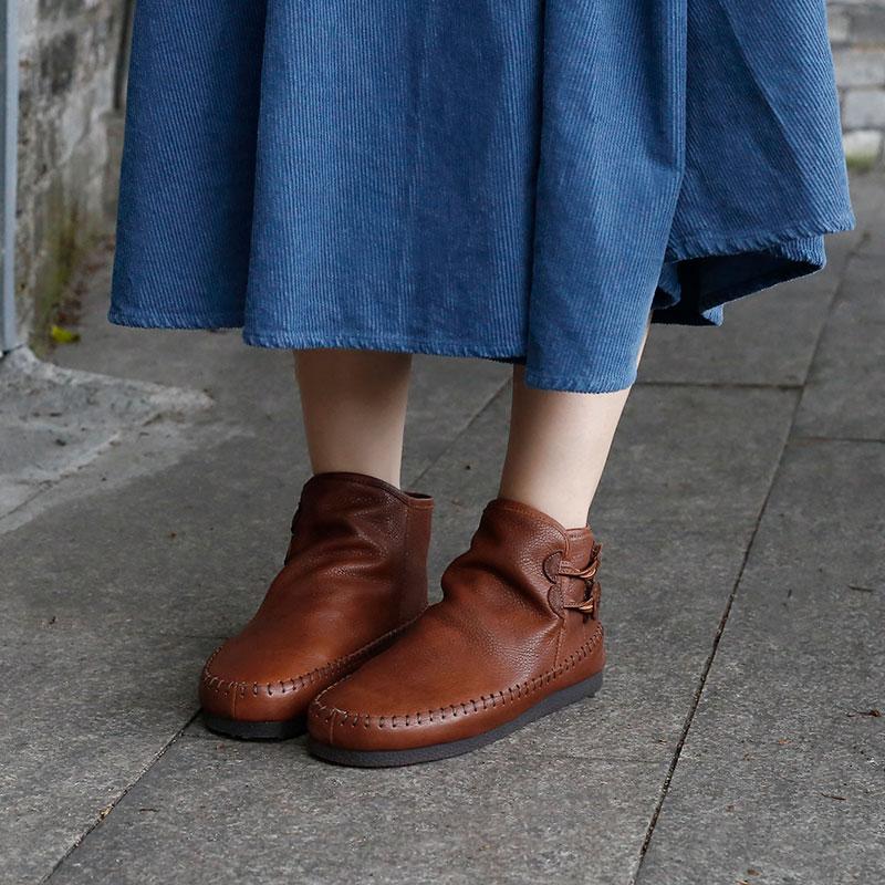 Retro Handmade Leather Ankle Booties For Women Low Heel Winter Casual Boots Yellow/Brown/Coffee