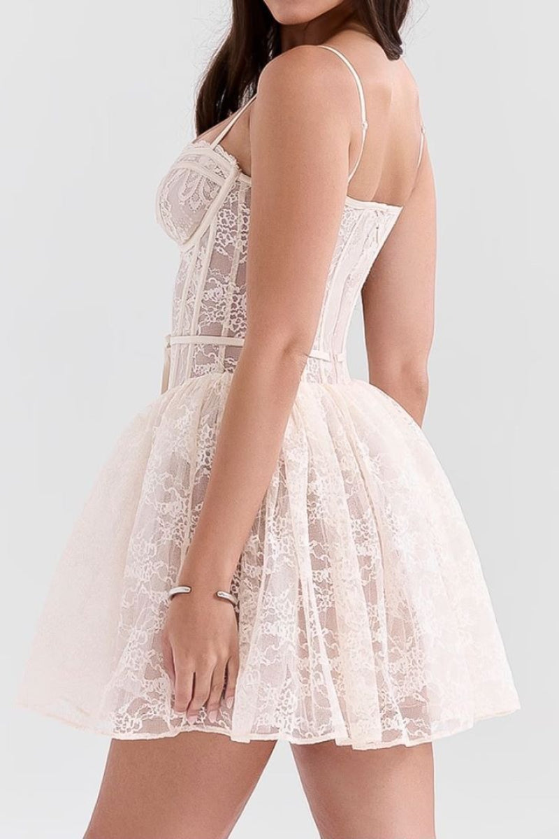Lace Spaghetti Strap Corset Lace Up Fit and Flare Mini Dress