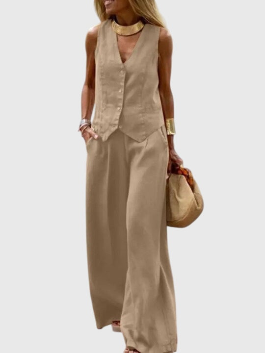 Sleeveless V-Neck Vest and Wide Leg Pants Two Piece Set