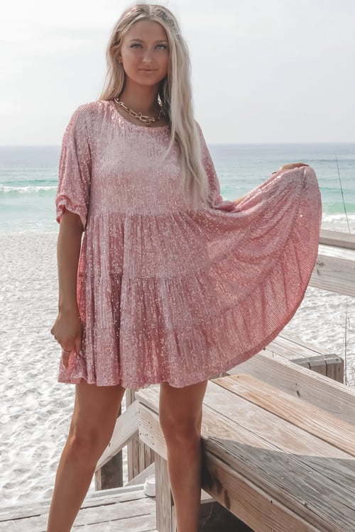 Sequin Round Neck Short Sleeve Three Tier Babydoll Mini Party Dress