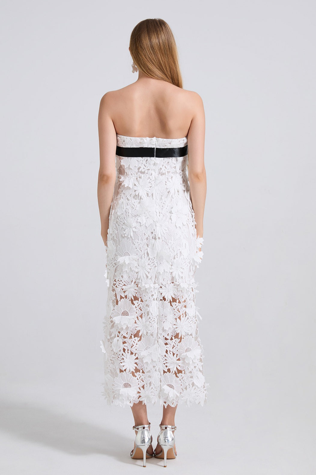 3D Floral Lace Applique Strapless Bodycon Midi Dress