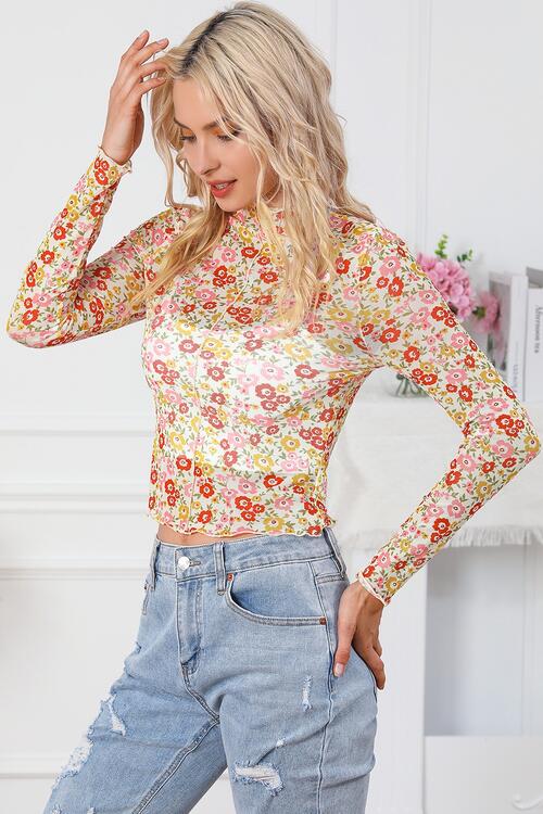 Long Arm Blouse Mock Flowered With Neck