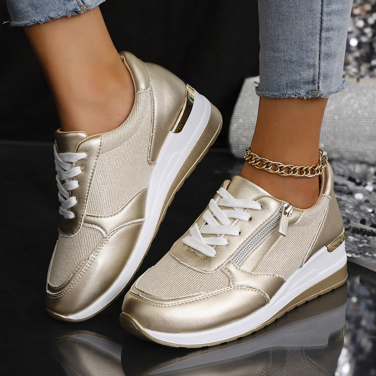 Lace Up Side Zip Wedge Sneakers