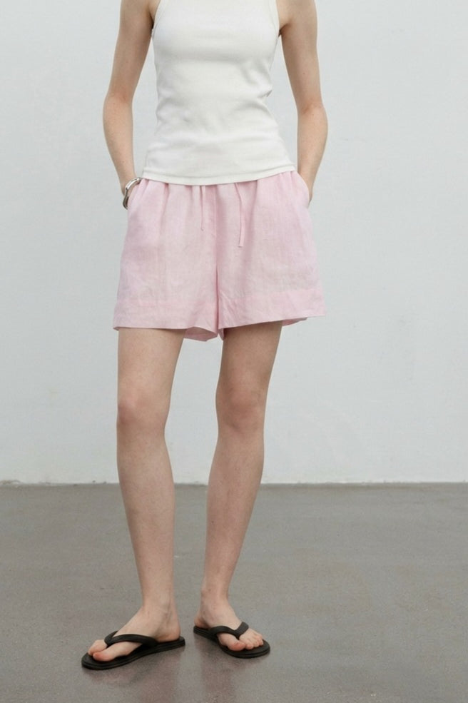Drawstring Waist Cuffed Hem Relaxed Fit Linen Look Shorts 6