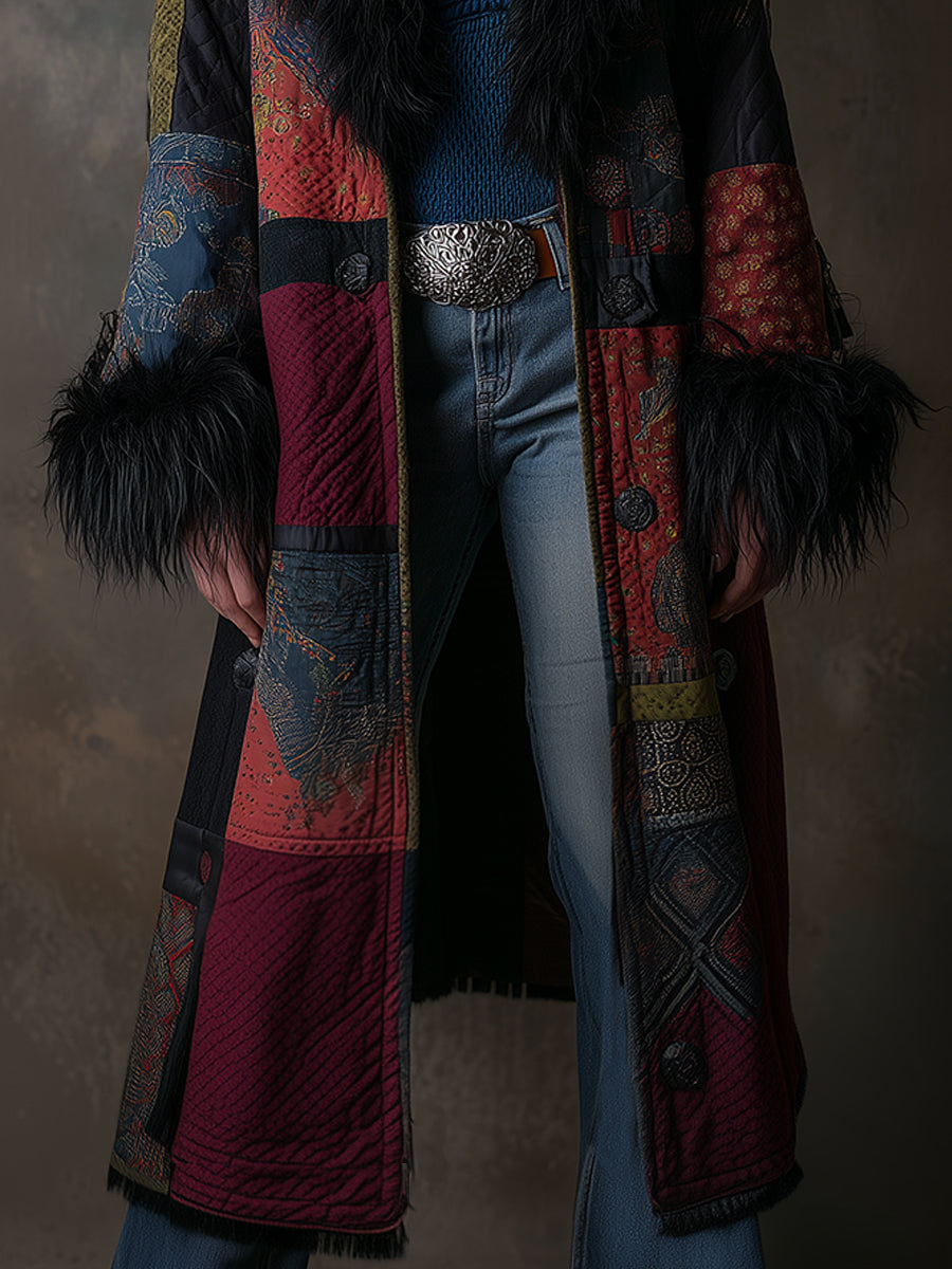 Detachable Fur Collar Vintage Print Quilted Midi Coat