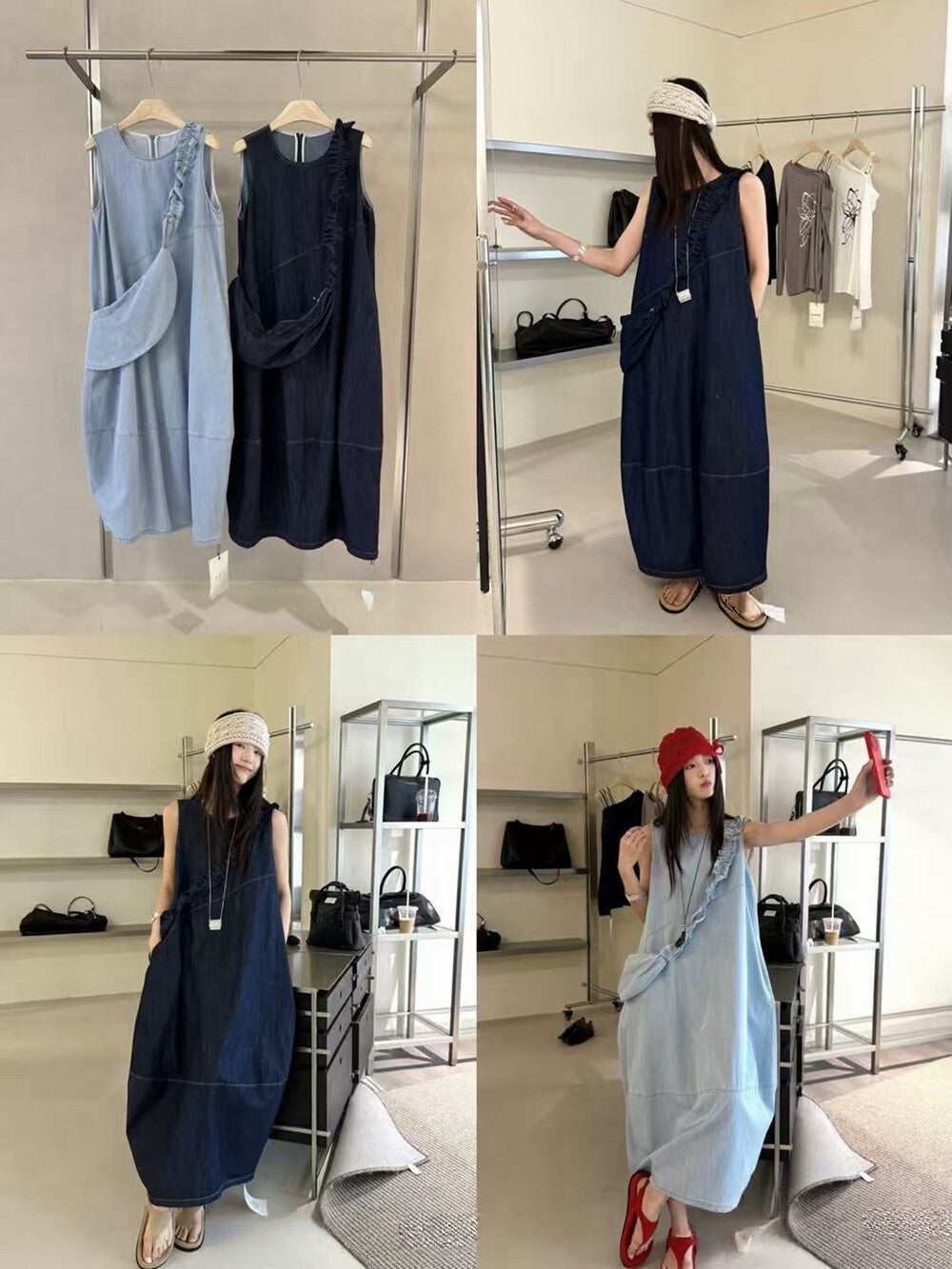 Denim Sleeveless Ruffle Trim A-Line Maxi Dress 19