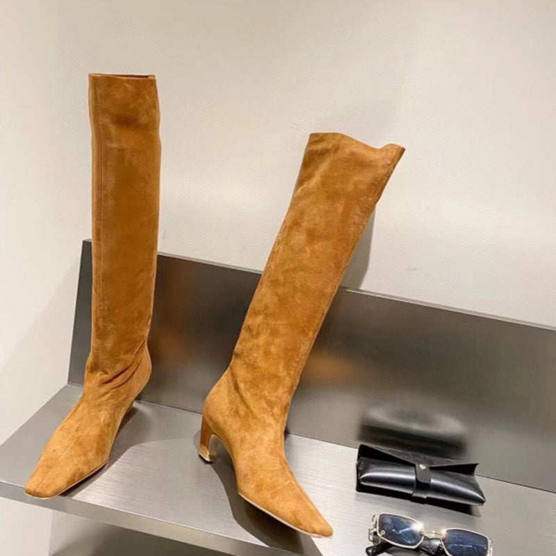 Kitten Heel Wide-Shaft Boots In Black/Brown/ Blue Stretch Velvet - Women Knee-high Boots