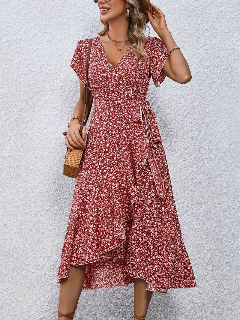Ditsy Floral V-Neck Flutter Sleeve Wrap Ruffle Midi Dress
