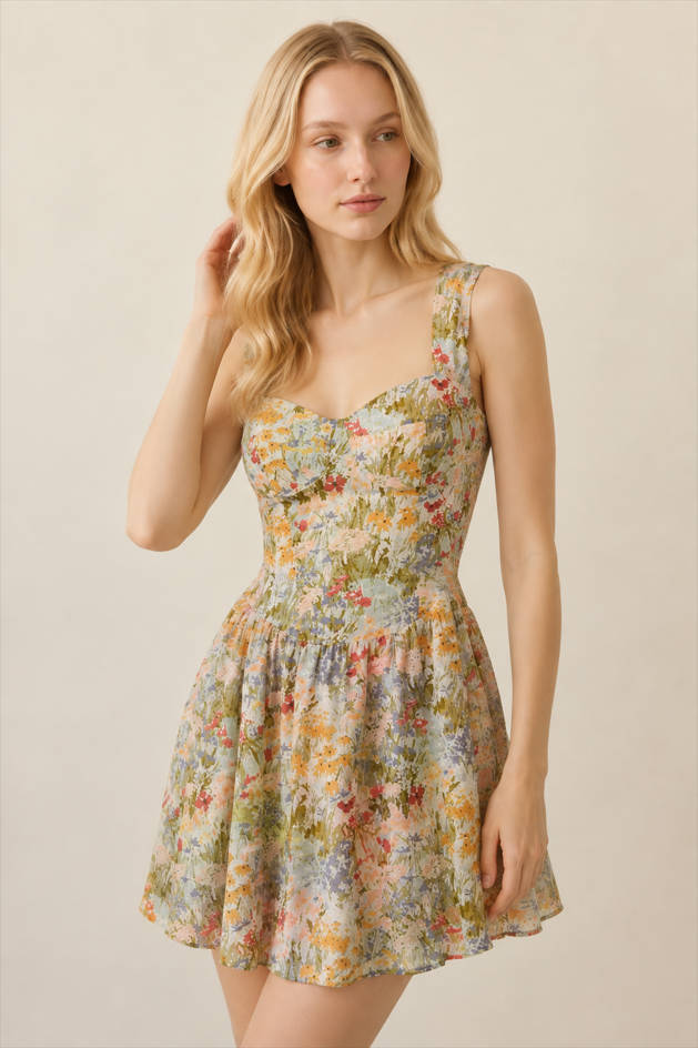 Deep V-Neck Floral Dress