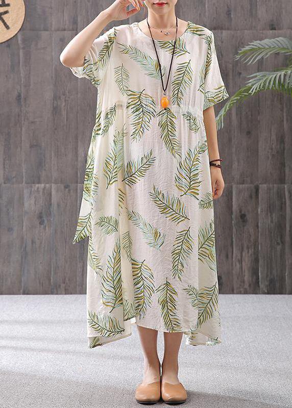 Tropical Palm Leaf Print Round Neck Short Sleeve Asymmetric Hem Midi Dress