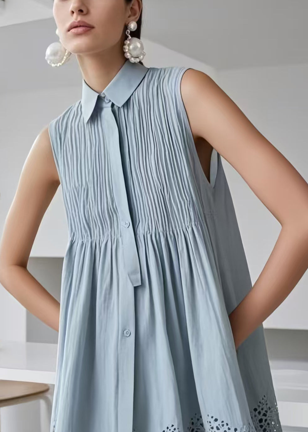 Collar Button Down Pintuck Pleated Babydoll Eyelet Hem Sleeveless Mini Dress