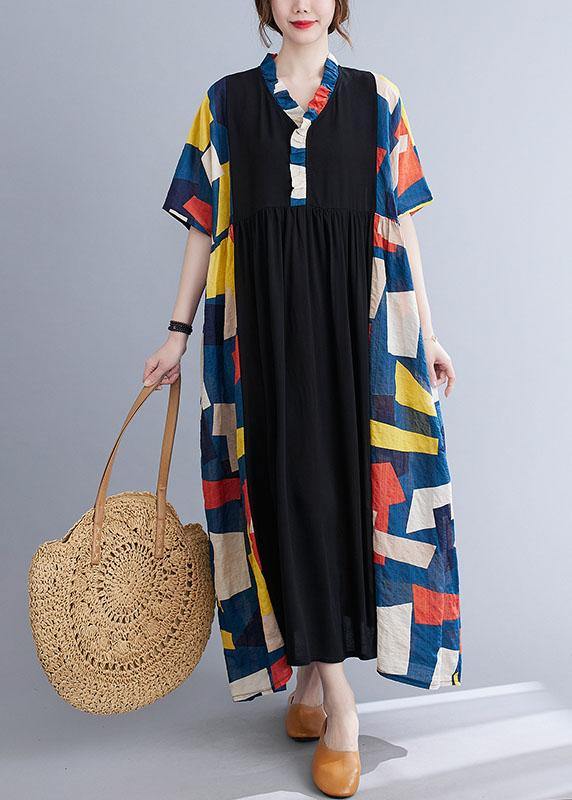 Colorblock Patchwork Ruffle Collar Button Front Empire Waist Maxi Dress