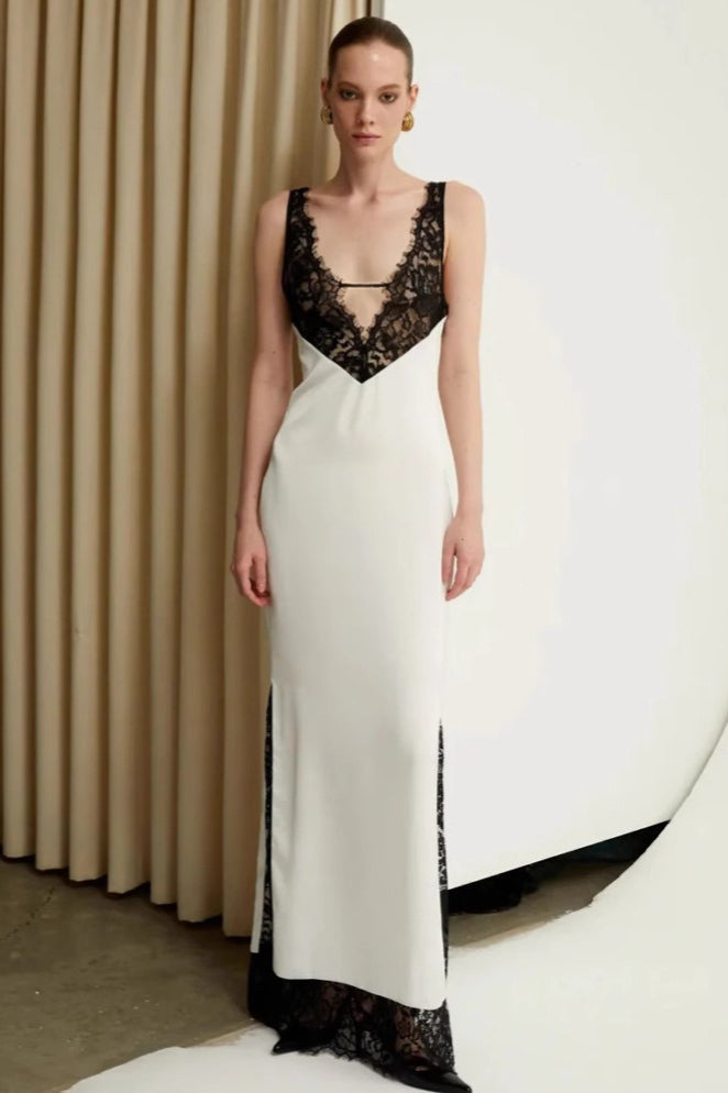 Satin Deep V-Neck Lace Trim Slip Maxi Dress