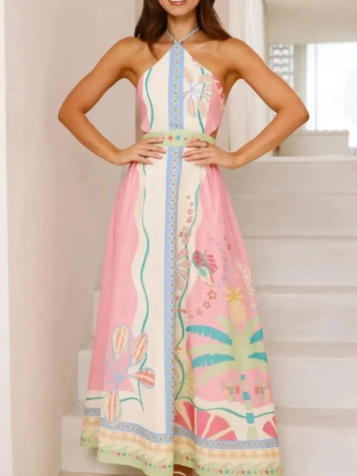 Tropical Print Halter Neck Side Cut Out A-Line Maxi Dress 3