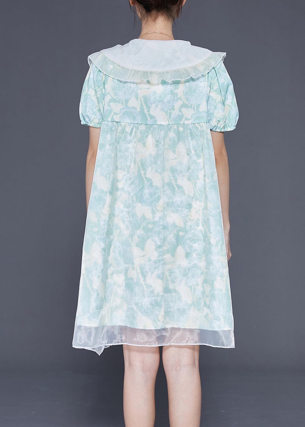 Floral Print Peter Pan Collar Puff Sleeve Sheer Overlay Babydoll Mini Dress