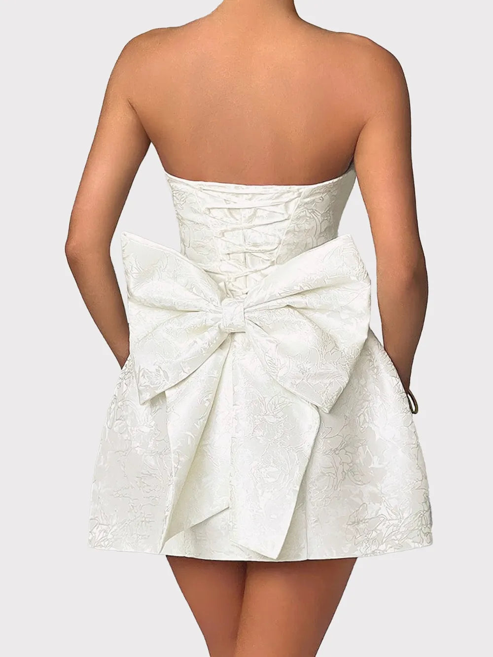 Jacquard Strapless Lace Up Back Oversized Bow Mini Dress