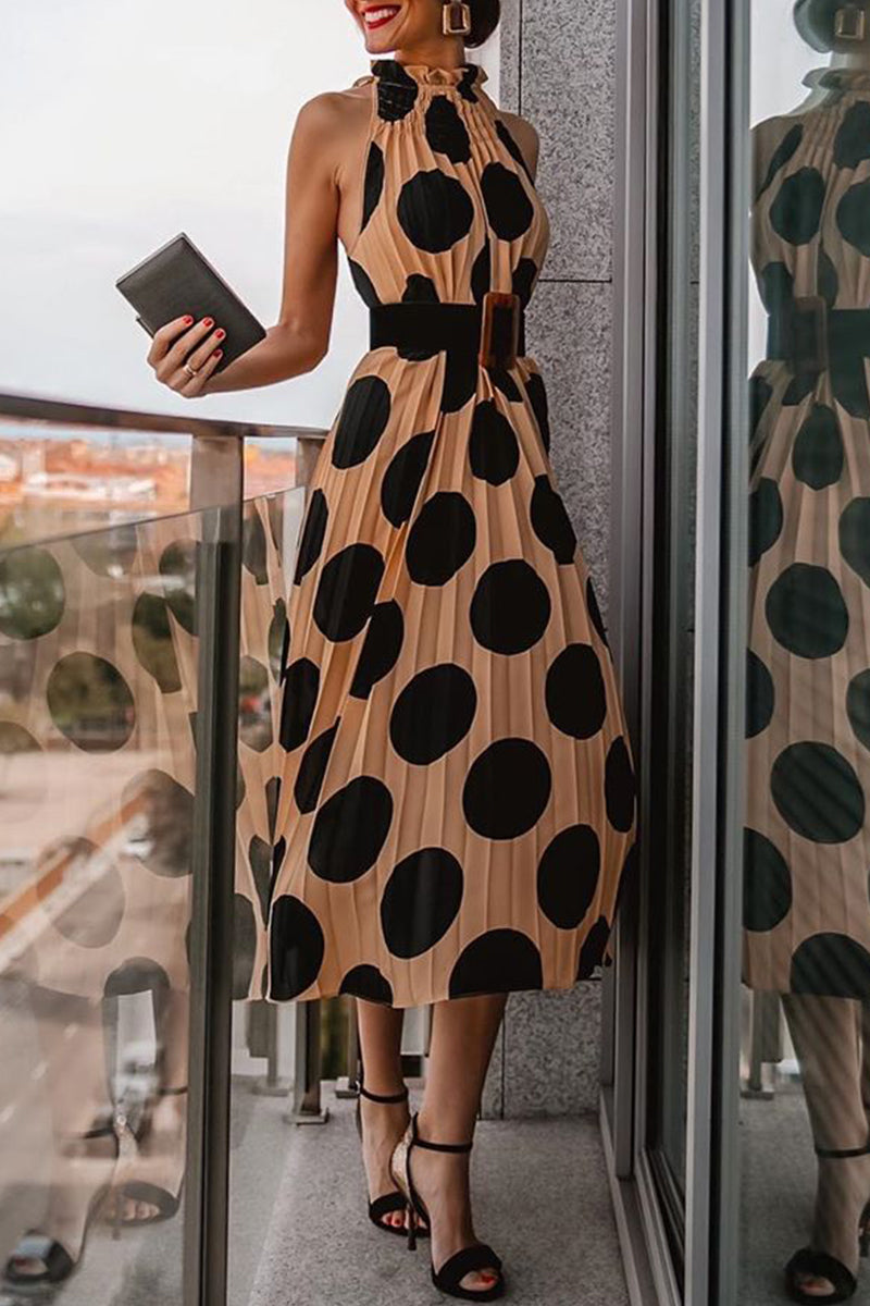 Polka Dot Halter Neck Ruffle Collar Accordion Pleated Belted Midi Dress