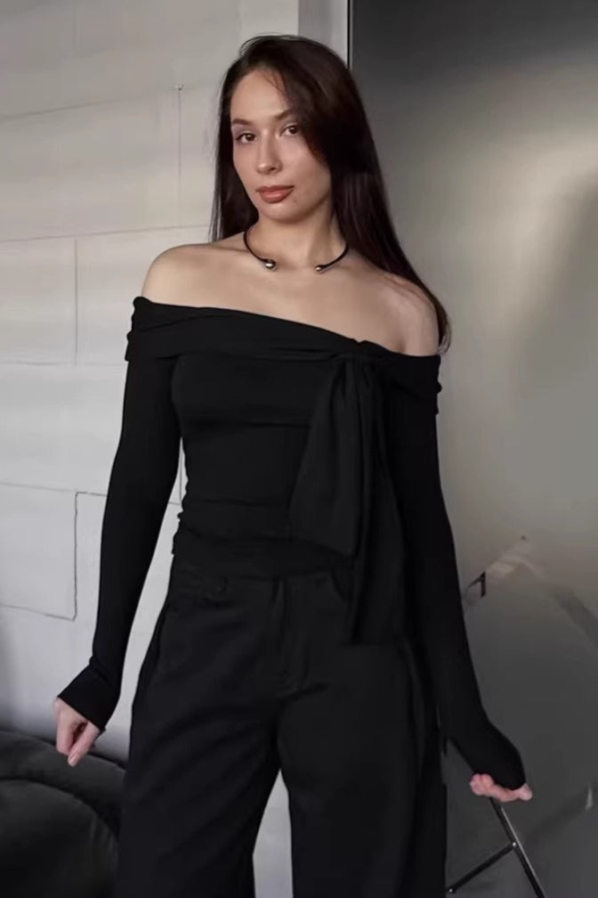 Off Shoulder Asymmetric Ribbed Long Sleeve Top