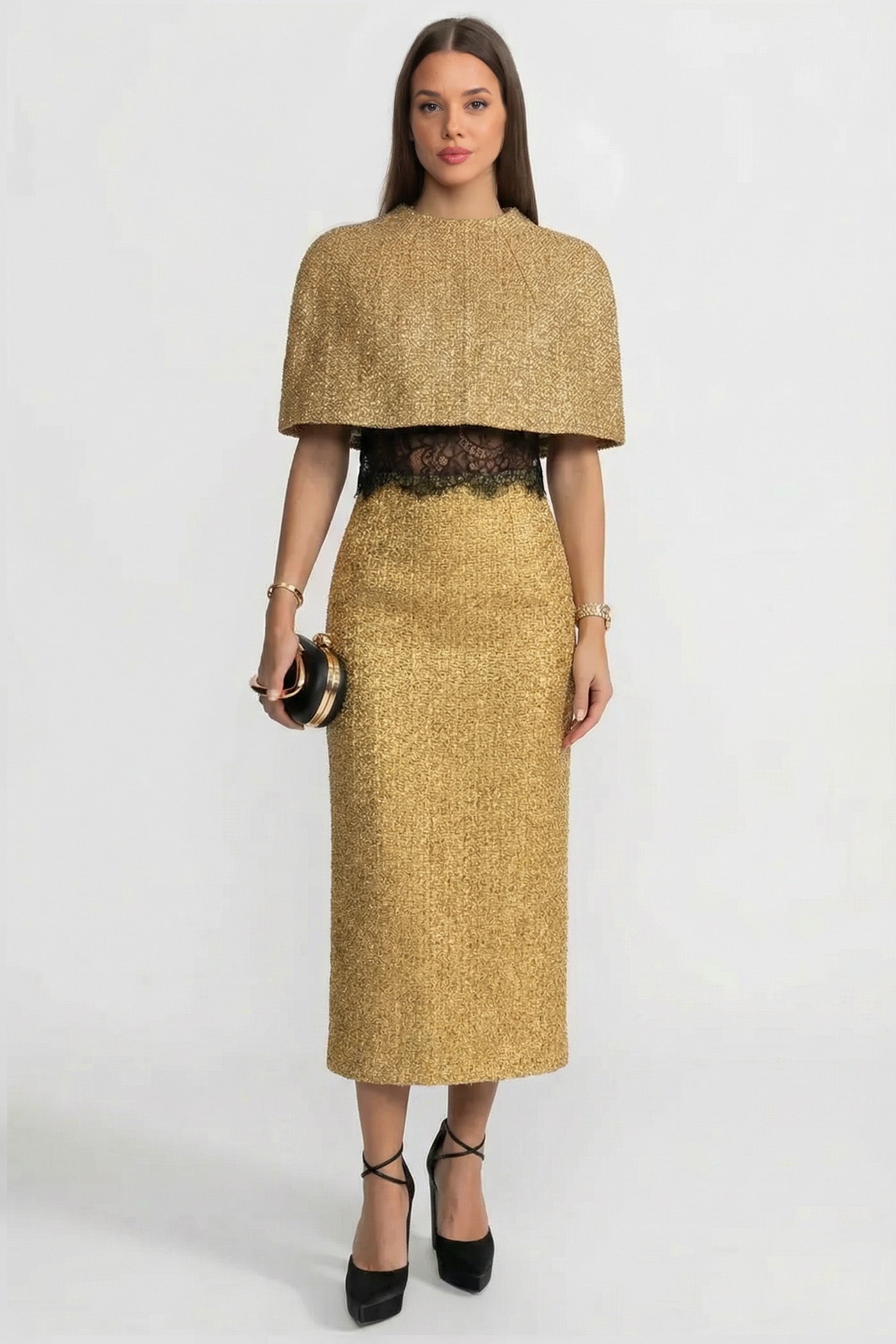 Metallic Boucle Cape Overlay Lace Waist Band Midi Dress - View 3