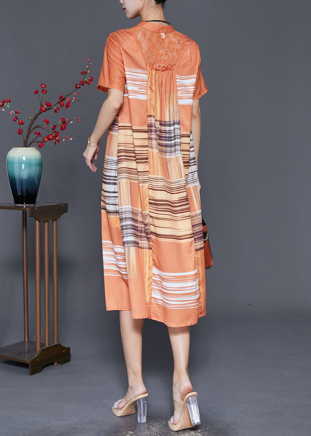Patchwork Stripe Mandarin Collar Button Short Sleeve A-Line Midi Dress