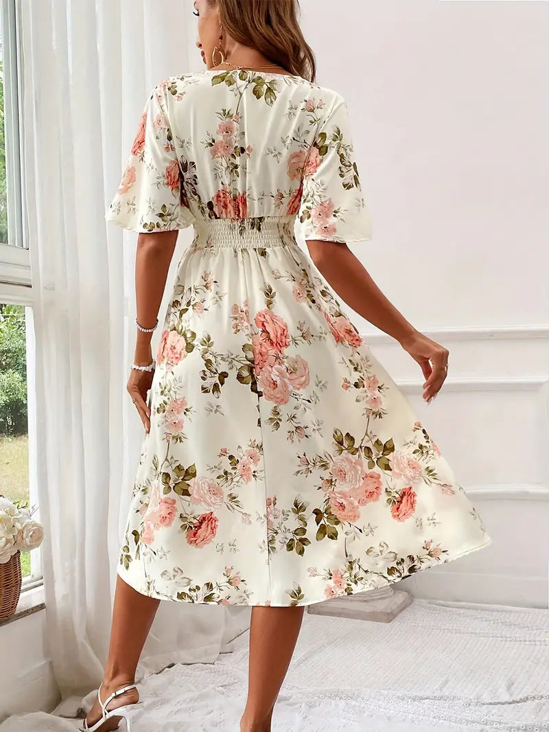 Floral Print V-Neck Flutter Sleeve Shirred Waist Midi Dress