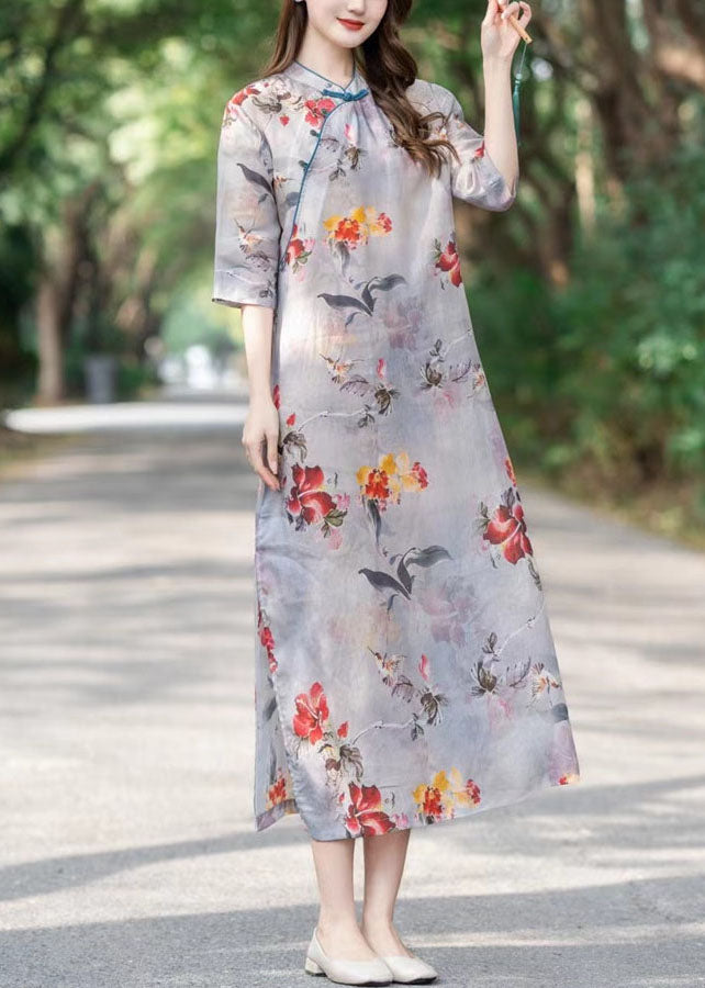 Mandarin Collar Frog Button Floral Print Cheongsam Midi Dress