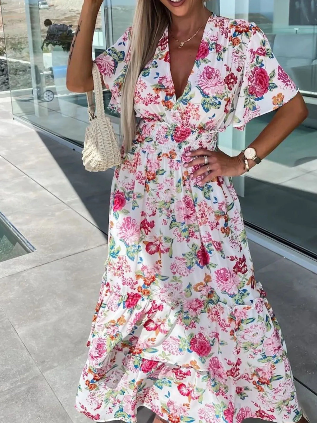 Floral Print Flutter Sleeve Maxi Dress