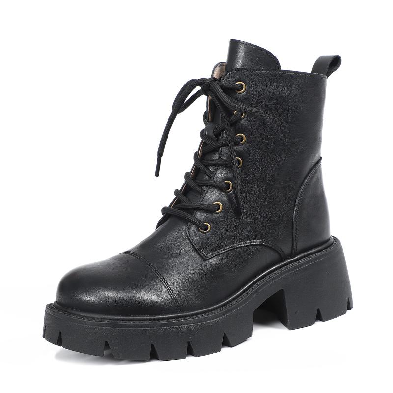 Genuine Leather Boots Lace-Up Combat Boots Retro Chunky Ankle Boots