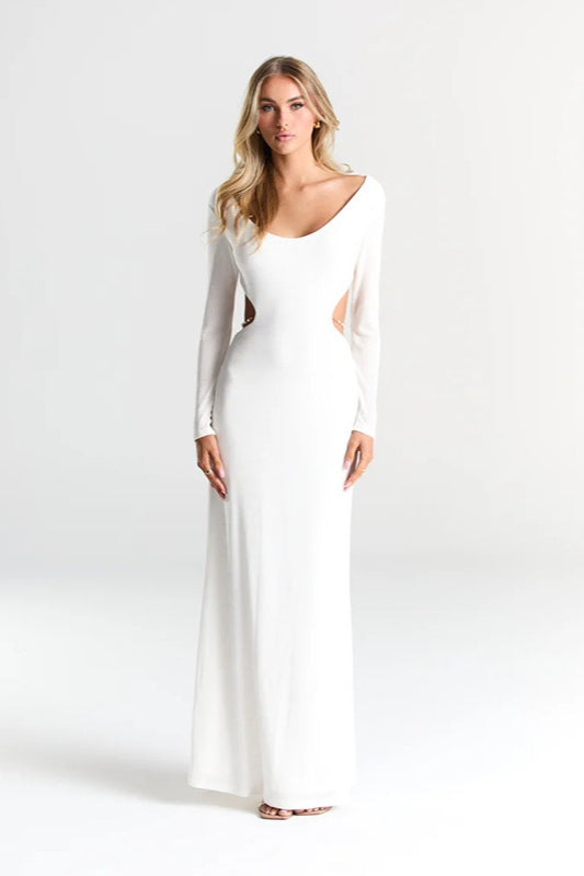 Knit Scoop Neck Long Sleeve Waist Cut Out Chain Link Maxi Party Dress