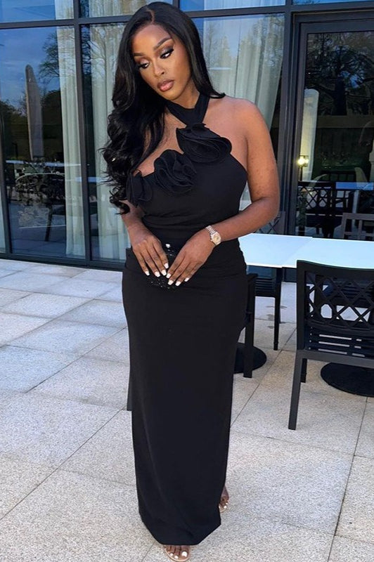 Halter Neck Floral Applique Bodycon Maxi Dress