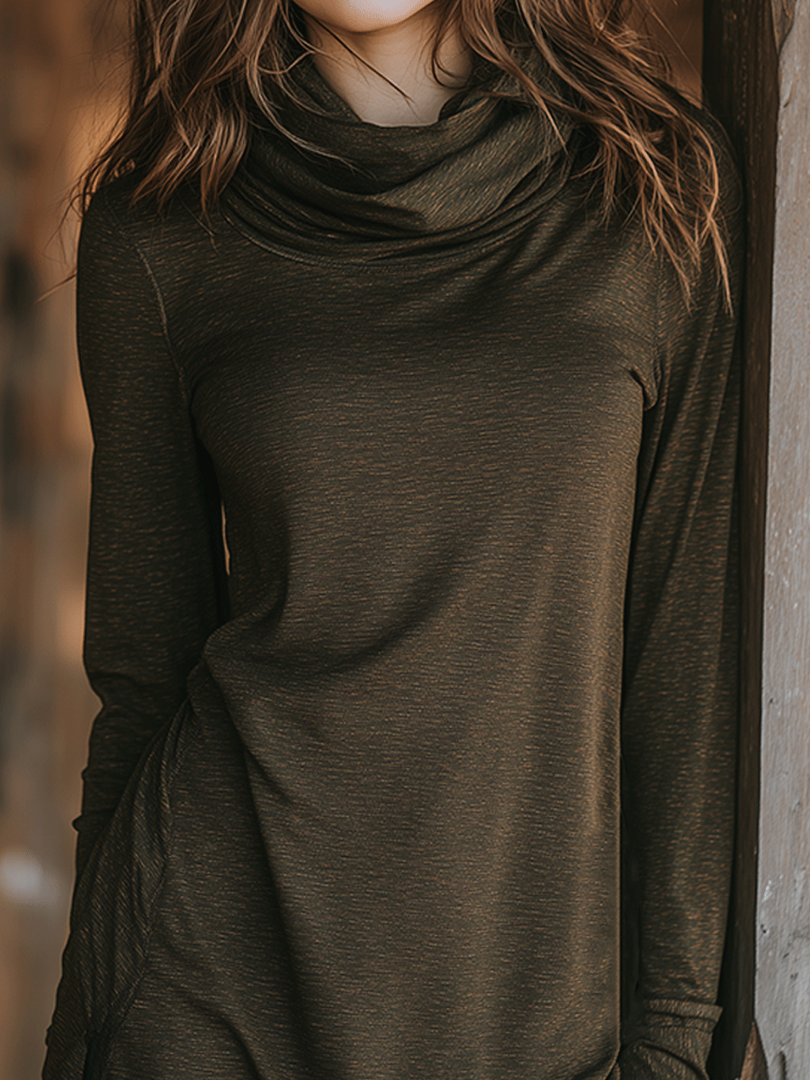 Casual Olive Long-Sleeved Pile Collar Top