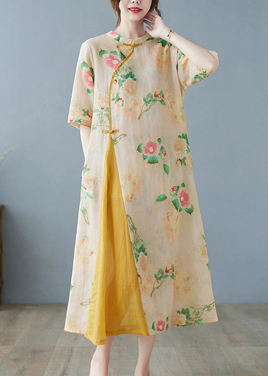 Floral Print Mandarin Collar Frog Closure Asymmetric Panel Short Sleeve Midi Dress