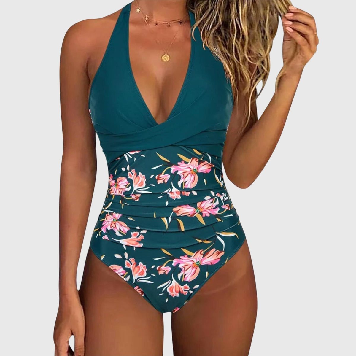 Tropical Leaf Halter Neck Deep V Ruched One Piece Swimsuit