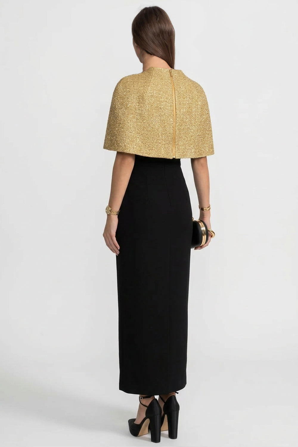 Metallic Boucle Cape Overlay Lace Waist Band Midi Dress - View 9
