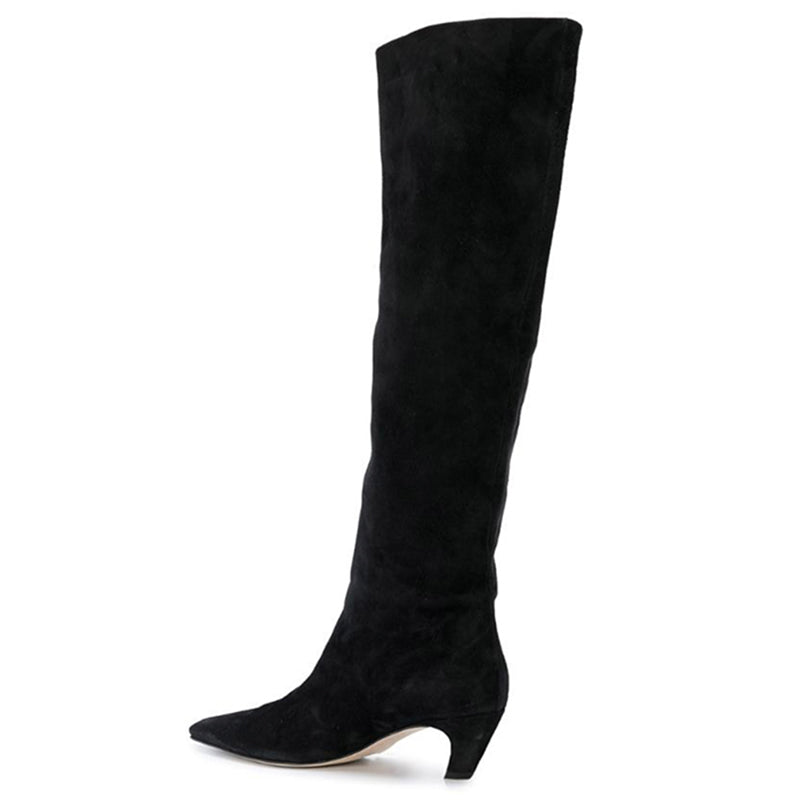 Kitten Heel Wide-Shaft Boots In Black/Brown/ Blue Stretch Velvet - Women Knee-high Boots