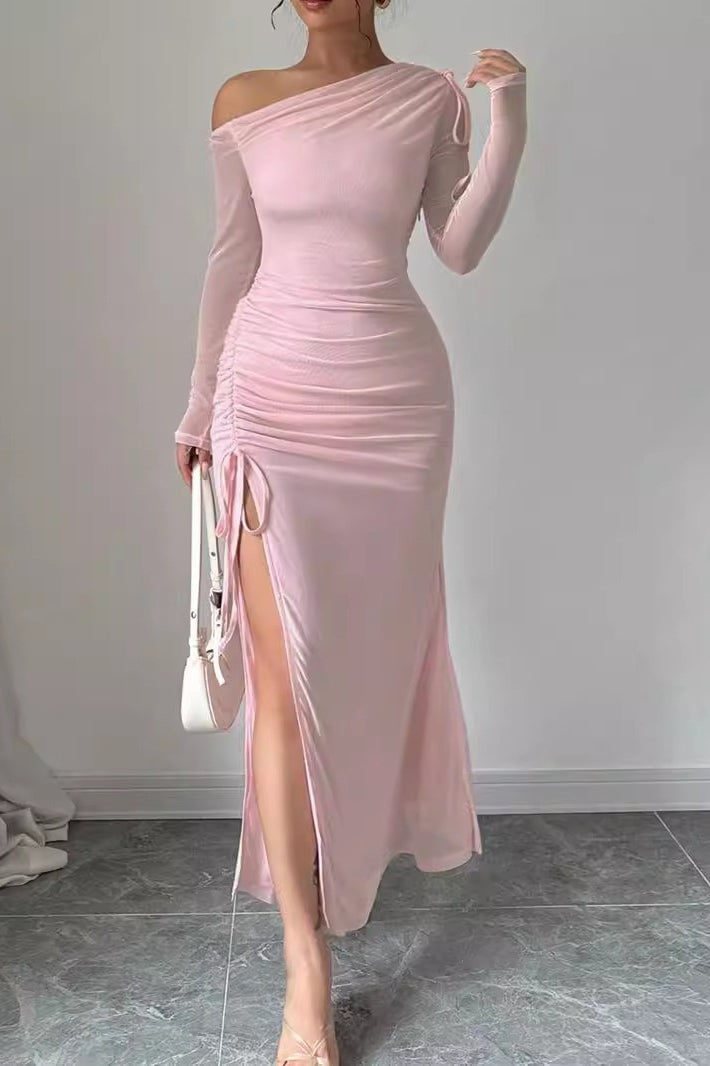Sweet One Shoulder Mesh Long-Sleeve Slit Bodycon Dress