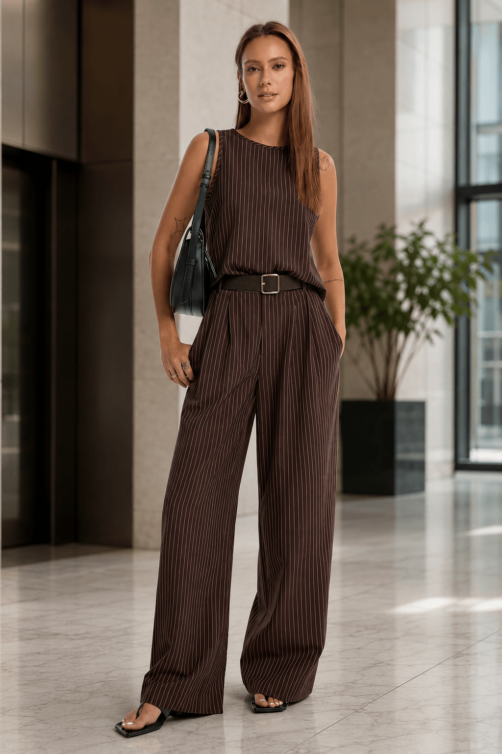 Stripe Crew Sleeveless High Waist Wide Leg Work Set